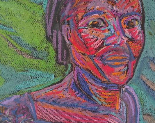 African Woman with Sewing Machine - Vibrant Pastel Drawing