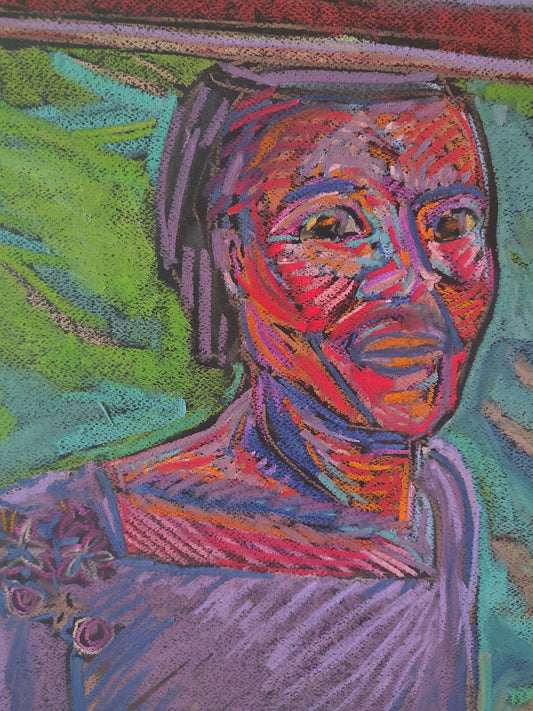 African Woman with Sewing Machine - Vibrant Pastel Drawing on Cardstock titled, “The Fixer”