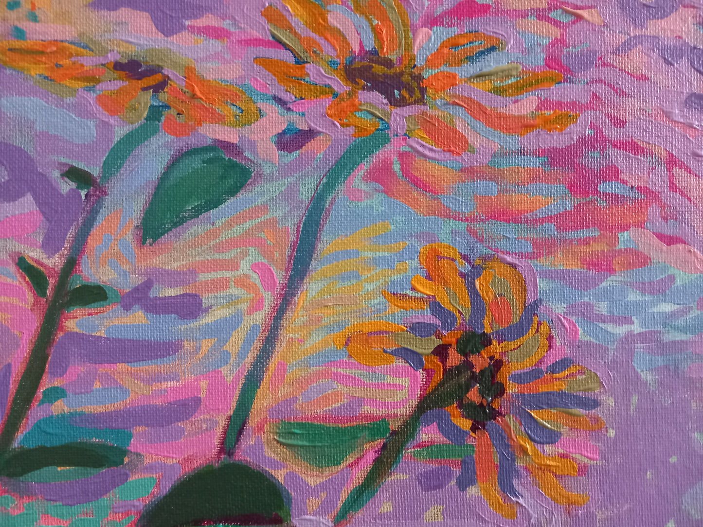 Radiant Blossoms: Abstract Sunflower Burst - Original Acrylic Painting; post-impressionist art, acrylic on canvas board.