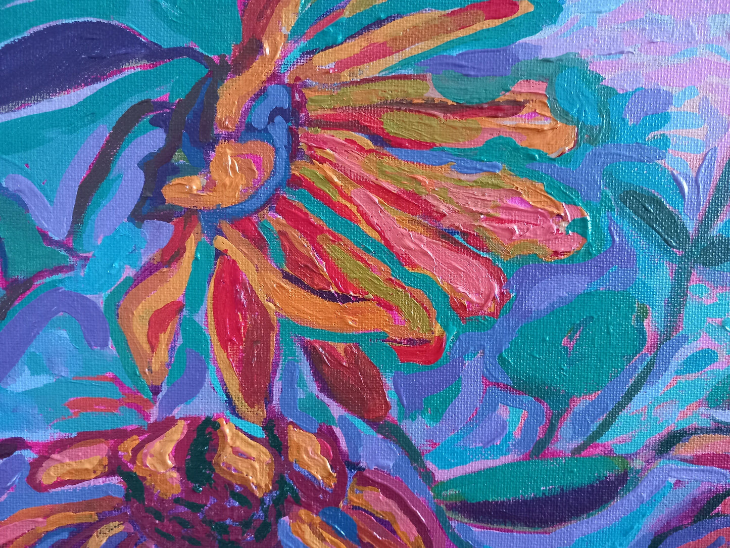 Radiant Blossoms: Abstract Sunflower Burst - Original Acrylic Painting; post-impressionist art, acrylic on canvas board.