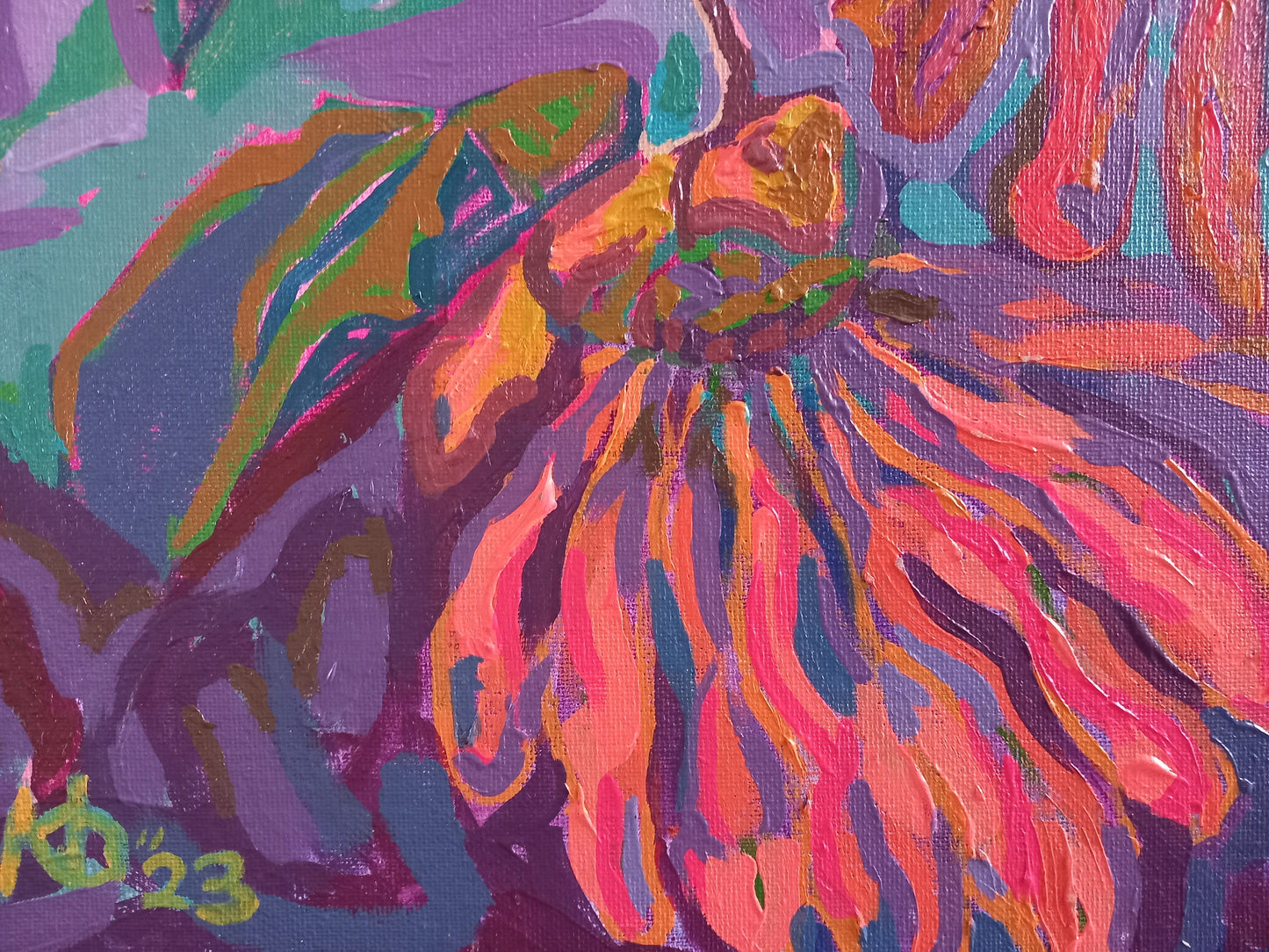 Radiant Blossoms: Abstract Sunflower Burst - Original Acrylic Painting; post-impressionist art, acrylic on canvas board.