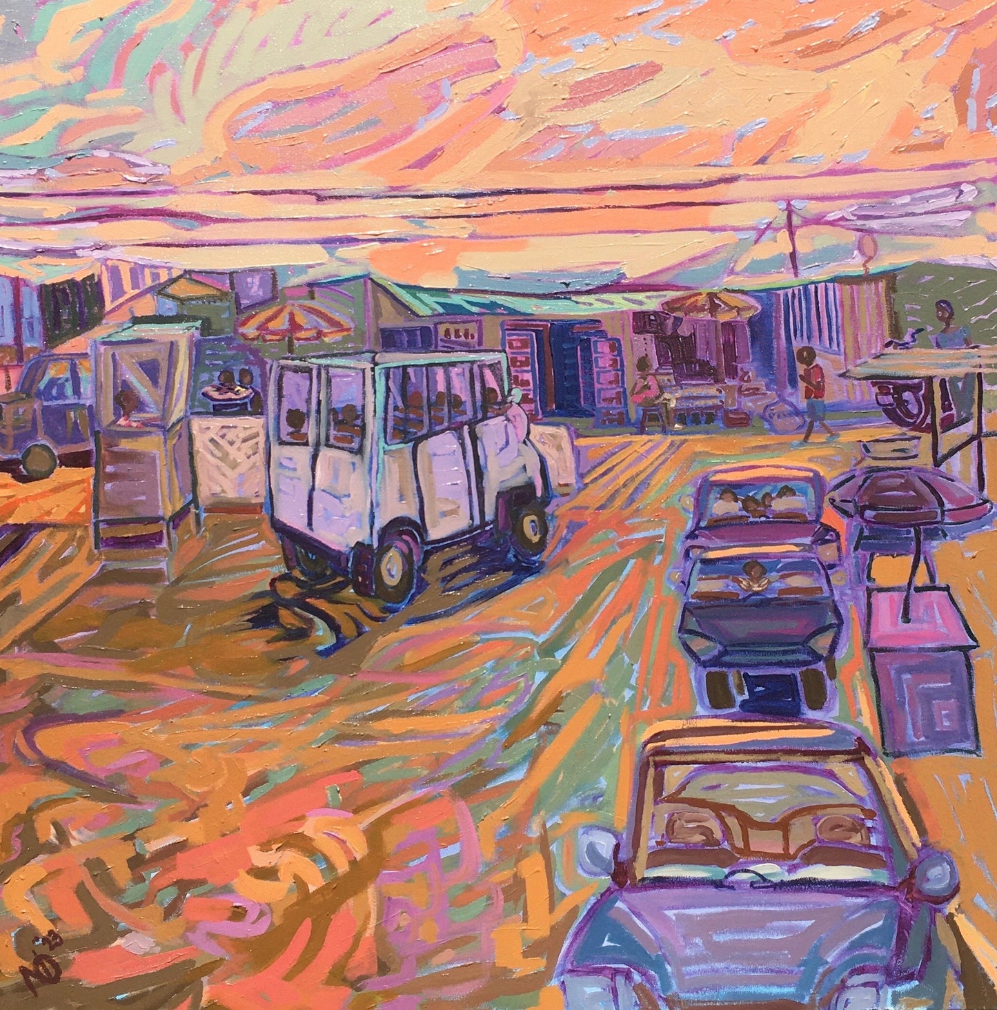 Sunset Serenade of a Vibrant African Town Center - Original Acrylic Painting titled "OYAA LO?"