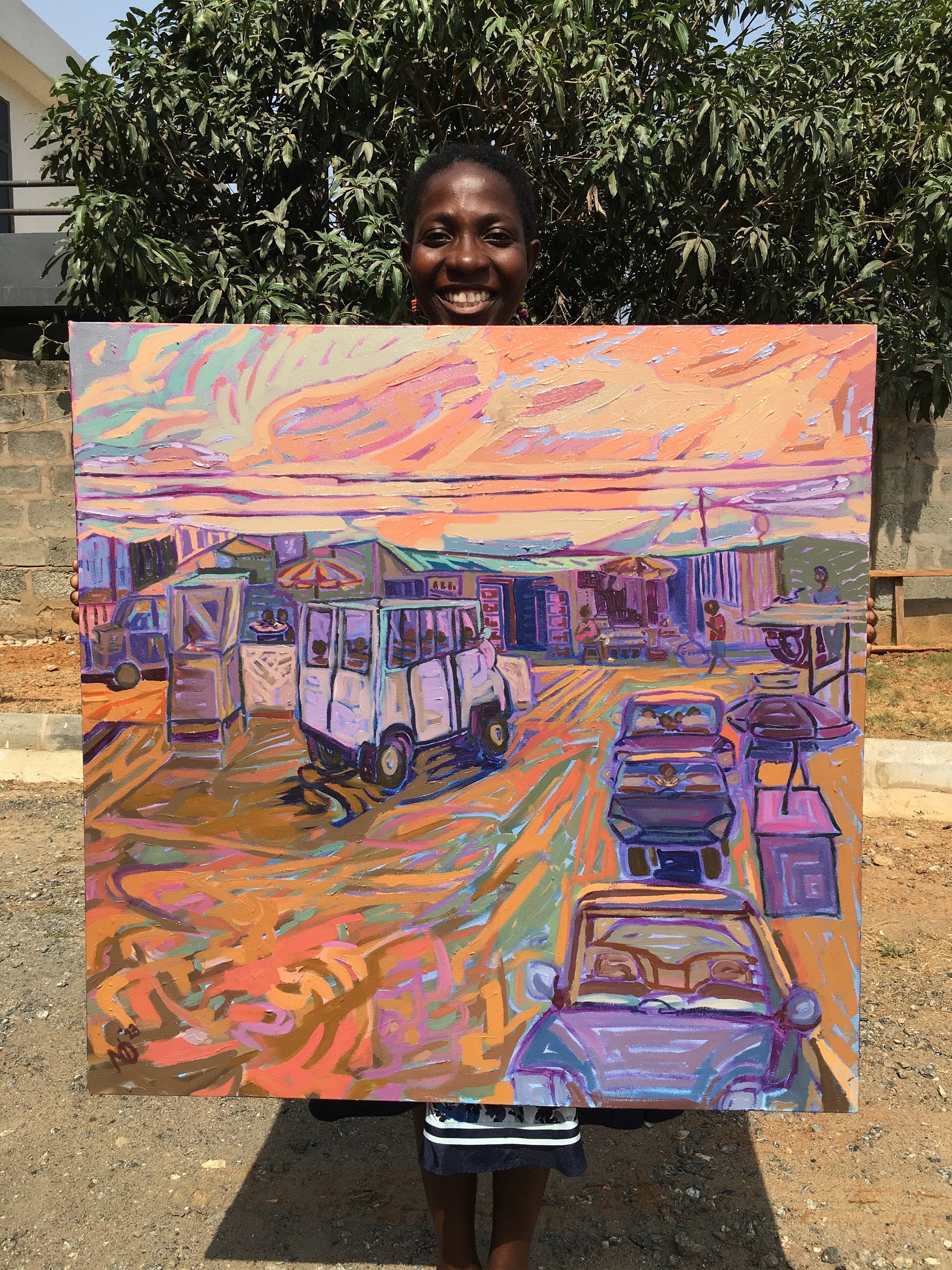 Sunset Serenade of a Vibrant African Town Center - Original Acrylic Painting titled "OYAA LO?"