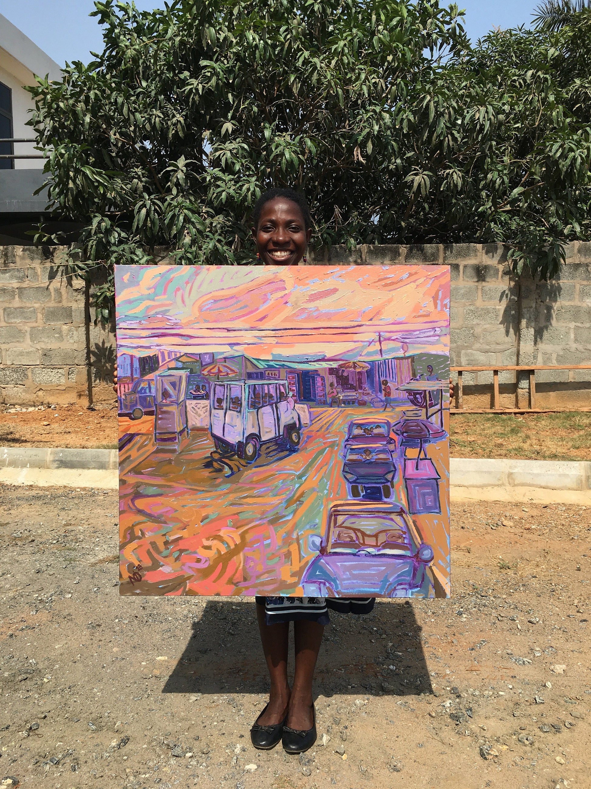 Sunset Serenade of a Vibrant African Town Center - Original Acrylic Painting titled "OYAA LO?"