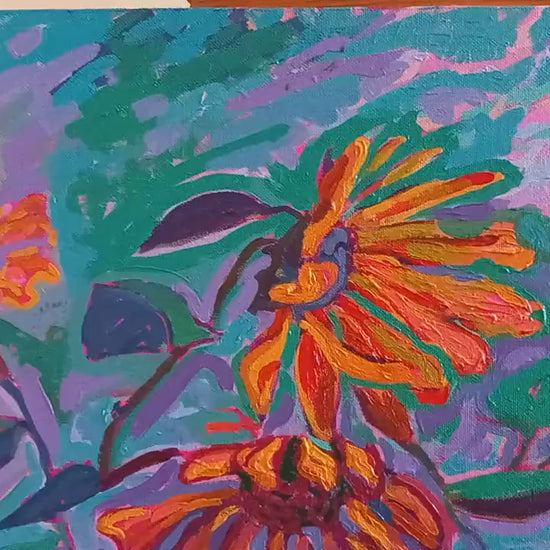 Radiant Blossoms: Abstract Sunflower Burst - Original Acrylic Painting; post-impressionist art, acrylic on canvas board.