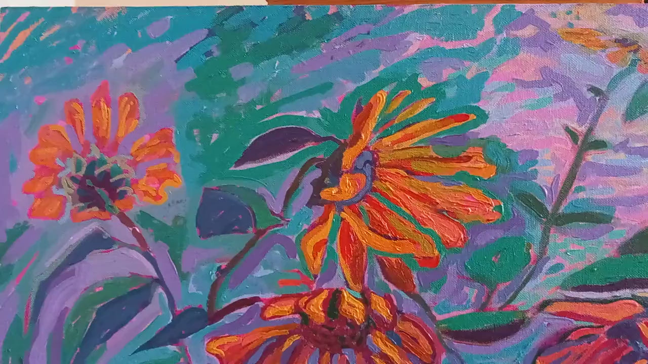 Radiant Blossoms: Abstract Sunflower Burst - Original Acrylic Painting; post-impressionist art, acrylic on canvas board.